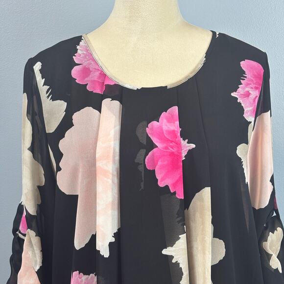 Calvin Klein Feminine Dark Floral Drape Blouse Top Roll Tab Sleeves Sheer Medium - Picture 3 of 7